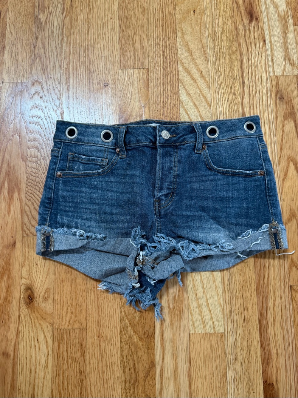 Altar'd State Dark Wash Distressed Denim Shorts with Grommet Waist